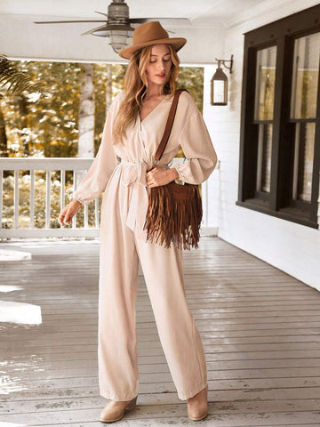 Women's Solid Color Lace-Up Long Sleeve Casual Jumpsuit,Halloween Costumes Adults,Thanksgiving Women Outfit,Fall Women Outfits,Winter Women Dress,Long Sleeve Jumpsuit