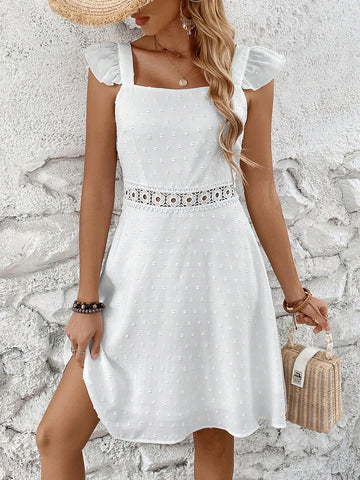 Women's Solid Color Lace Patchwork Ruffle Hem Spaghetti Strap Dress
