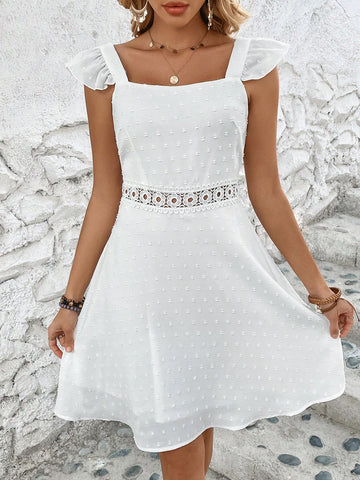 Women's Solid Color Lace Patchwork Ruffle Hem Spaghetti Strap Dress