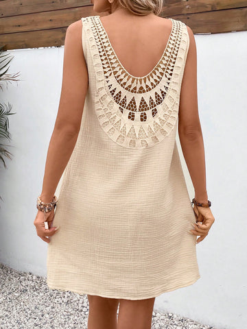 Women's Solid Color Lace Patchwork Sleeveless Dress
