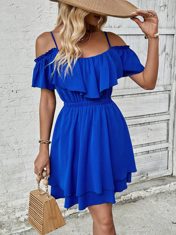 Women's Solid Color Off-Shoulder Ruffle Detail Dress