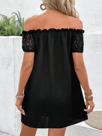 Women's Solid Color One Shoulder Lace Patchwork Dress