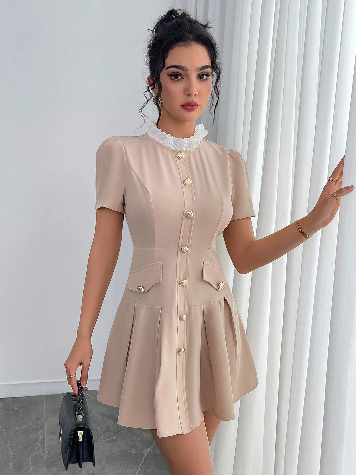 Women's Solid Color Patchwork Button Front Short Sleeve Casual Mini Dress