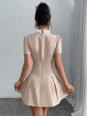 Women's Solid Color Patchwork Button Front Short Sleeve Casual Mini Dress