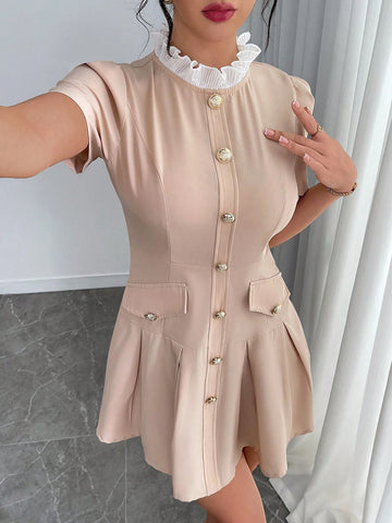 Women's Solid Color Patchwork Button Front Short Sleeve Casual Mini Dress