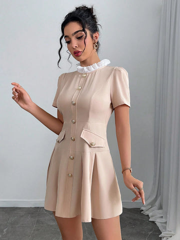 Women's Solid Color Patchwork Button Front Short Sleeve Casual Mini Dress