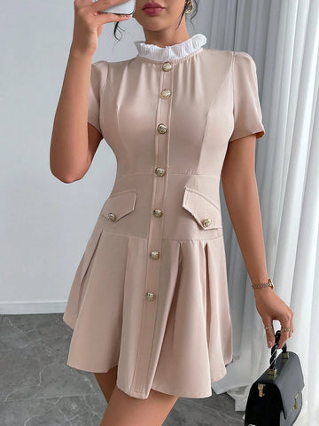 Women's Solid Color Patchwork Button Front Short Sleeve Casual Mini Dress