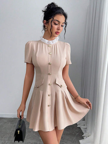 Women's Solid Color Patchwork Button Front Short Sleeve Casual Mini Dress