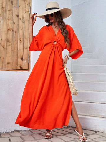 Women's Solid Color Pleated Batwing Sleeve Dress