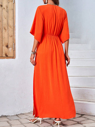 Women's Solid Color Pleated Batwing Sleeve Dress