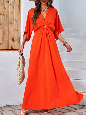 Women's Solid Color Pleated Batwing Sleeve Dress