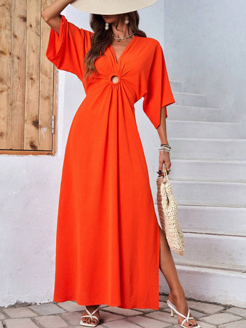 Women's Solid Color Pleated Batwing Sleeve Dress