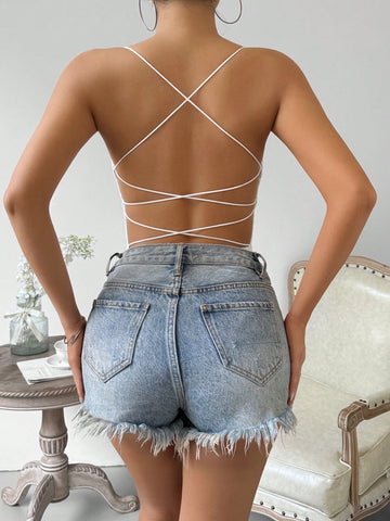 Women's Solid Color Pleated Cross Strap Bodysuit