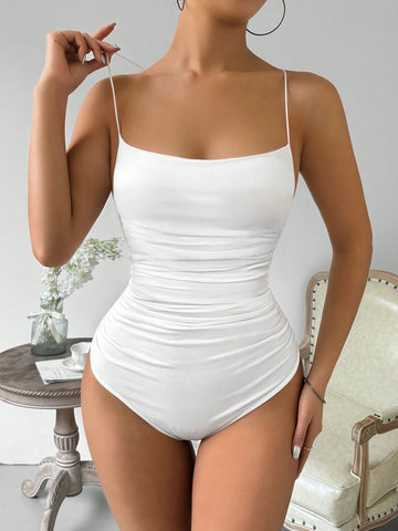 Women's Solid Color Pleated Cross Strap Bodysuit