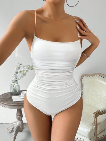 Women's Solid Color Pleated Cross Strap Bodysuit