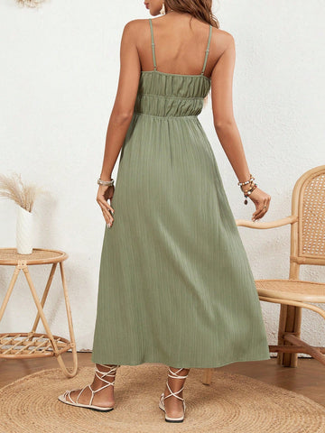 Women's Solid Color Pleated Front With Front Tie Cami Dress
