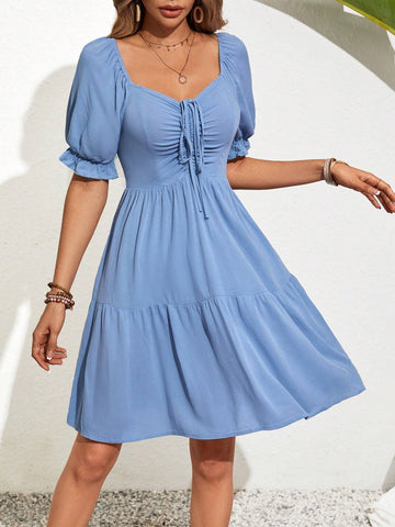 Women's Solid Color Puff Sleeve Diamond Neckline Summer Holiday Dress