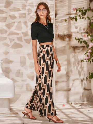 Women's Solid Color Round Neck Top And Full Printed Wide Leg Pants Set