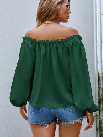 VCAY Women's Solid Color Ruffle Off Shoulder Lantern Sleeve Loose Blouse