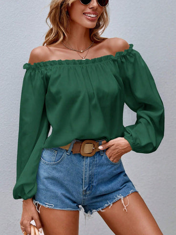 VCAY Women's Solid Color Ruffle Off Shoulder Lantern Sleeve Loose Blouse