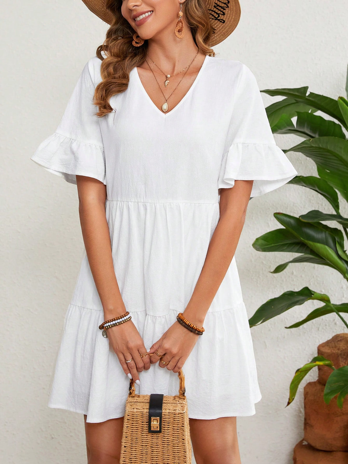Women's Solid Color Ruffle Sleeve Dress