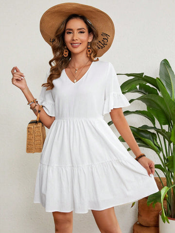 Women's Solid Color Ruffle Sleeve Dress