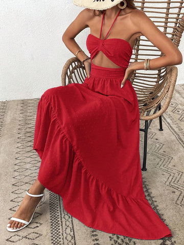 Women's Solid Color Ruffle Trim Halter Neck Casual Vacation Summer Dress