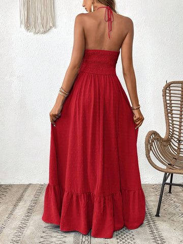 Women's Solid Color Ruffle Trim Halter Neck Casual Vacation Summer Dress