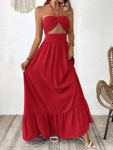 Women's Solid Color Ruffle Trim Halter Neck Casual Vacation Summer Dress