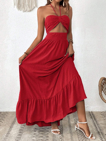 Women's Solid Color Ruffle Trim Halter Neck Casual Vacation Summer Dress