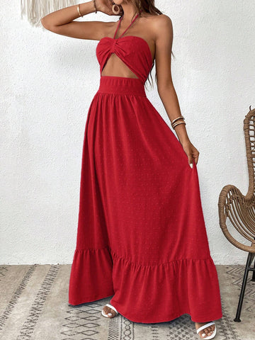 Women's Solid Color Ruffle Trim Halter Neck Casual Vacation Summer Dress