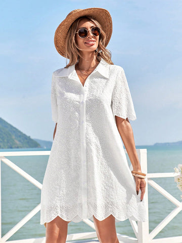 Women's Solid Color Simple Embroidery Burnout Dress