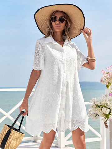 Women's Solid Color Simple Embroidery Burnout Dress