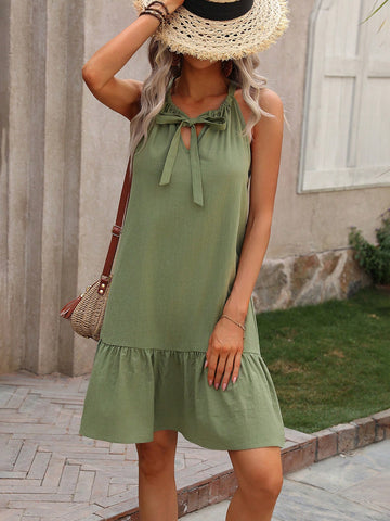 Women's Solid Color Sleeveless Halter Neck Ruffle Hem Casual Dress