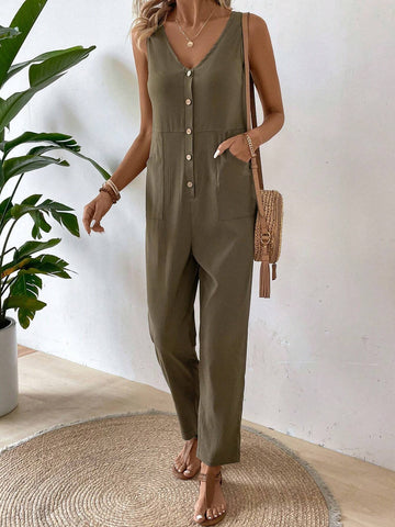 Women's Solid Color Sleeveless Jumpsuit With Double Pockets