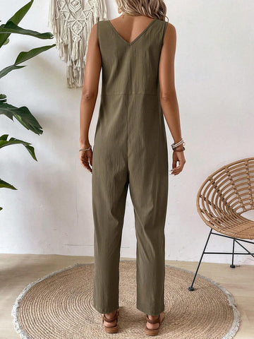 Women's Solid Color Sleeveless Jumpsuit With Double Pockets