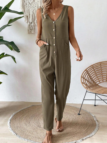 Women's Solid Color Sleeveless Jumpsuit With Double Pockets