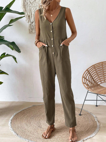 Women's Solid Color Sleeveless Jumpsuit With Double Pockets