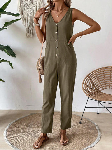Women's Solid Color Sleeveless Jumpsuit With Double Pockets