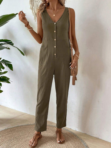 Women's Solid Color Sleeveless Jumpsuit With Double Pockets