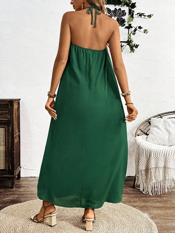 Women's Solid Color Sleeveless Long Jumpsuit With Backless Design And Loose Fit