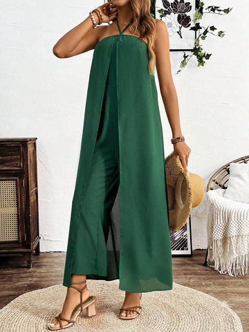 Women's Solid Color Sleeveless Long Jumpsuit With Backless Design And Loose Fit
