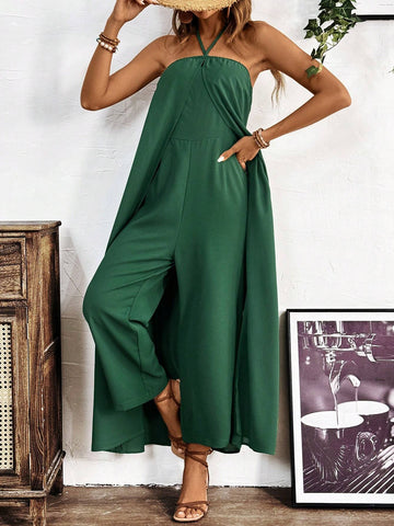 Women's Solid Color Sleeveless Long Jumpsuit With Backless Design And Loose Fit