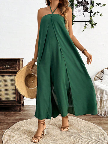 Women's Solid Color Sleeveless Long Jumpsuit With Backless Design And Loose Fit