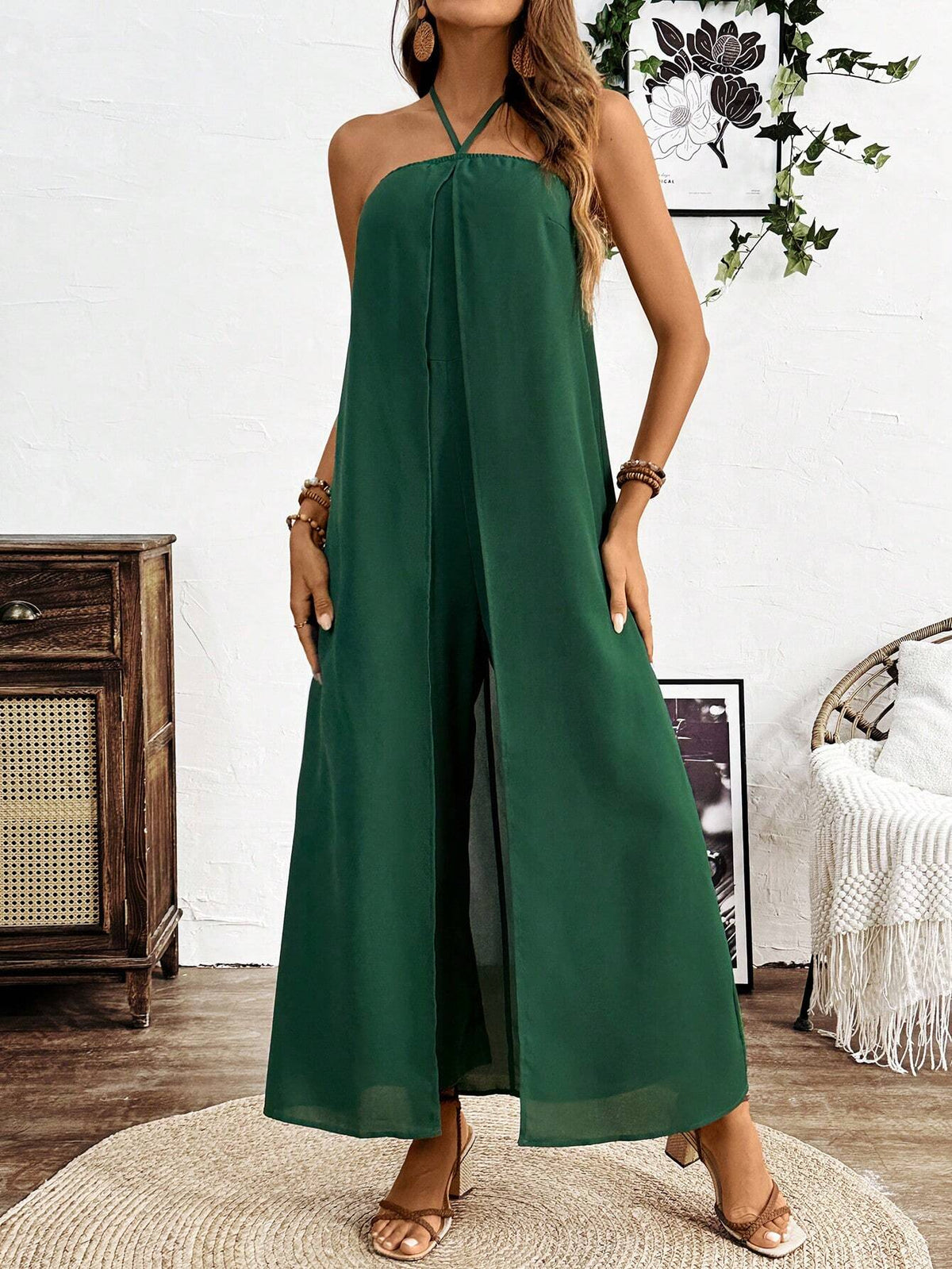 Women's Solid Color Sleeveless Long Jumpsuit With Backless Design And Loose Fit