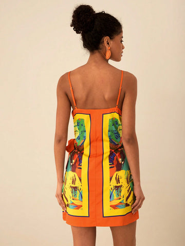 Women's Solid Color Splicing Spaghetti Strap Tie-Up Casual Short Dress