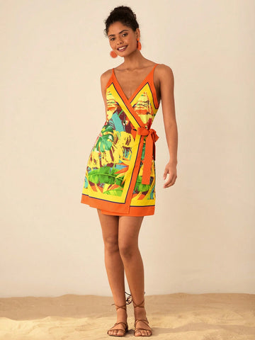 Women's Solid Color Splicing Spaghetti Strap Tie-Up Casual Short Dress