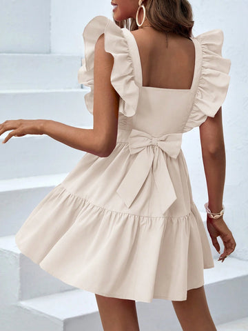 Women's Solid Color Square Neck Ruffle Trim Dress