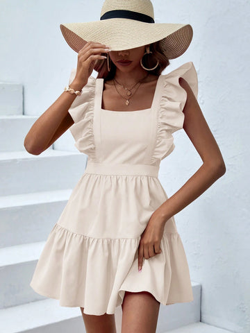 Women's Solid Color Square Neck Ruffle Trim Dress