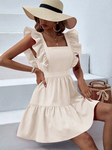 Women's Solid Color Square Neck Ruffle Trim Dress